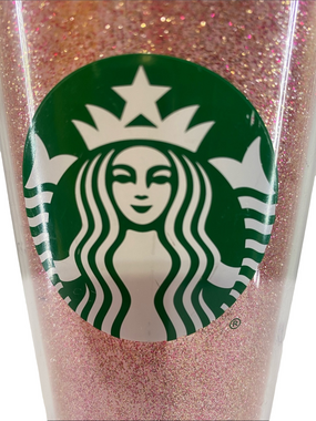 STARBUCKS Rose Glitter Cold Cup Tumbler—Green Siren Logo—w/Red Lid & Straw—24oz